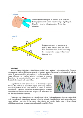 Curva de Z

Para hacer una curva aguda en la mitad de un globo, lo
dobla y aprieta el aire afuera. Entonces saque el globo por
del puño, y la curva debe permanecer. Repita si es
necesario.

Espiral

Haga una torcedura en la mitad de un
globo y dobla los fines hacia uno al otro.
Gire ambos fines en la misma dirección y
los dos segmentos hace espiral alrededor
de uno al otro.

Rotulador
Marcadores permanentes o rotuladores de colores, para adornar y complementar las figuras u
objetos que se realicen. El bajo presupuesto en muchos centros fue uno de los orígenes de la práctica
lúdica de estos materiales alternativos, y en la actualidad se
puede observar en muchos centros escolares y eventos
deportivos la experimentación con estos materiales del
desarrollo del ingenio y la creatividad.
La globoflexia es un recurso lúdico al alcance de cualquier
persona. Su práctica se realizar en lugares cerrados y amplios,
aunque la practica al aire libre también es viable en diversas
condiciones. La práctica lúdica hace de este juego algo diferente
implicando motivación, diversión e imaginación, además de ser
una práctica totalmente saludable.
Esta práctica se puede considerar como imprescindible y motivadora para el trabajo psicomotor
en la etapa infantil. Además de la etapa infantil y primaria, la globoflexia puede desarrollarse en
etapas adultas y personas de la tercera edad, siendo una práctica lúdica para el desarrollo de
habilidades y destrezas motrices y de mejora de la condición física.

12

 