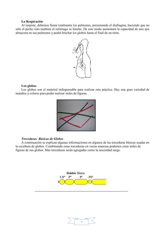 La Respiración
Al inspirar, debemos llenar totalmente los pulmones, presionando el diafragma, haciendo que no
sólo el pecho sino también el estómago se hinche. De este modo aumentará la capacidad de aire que
almacena en sus pulmones y podrá hinchar los globos hasta el final de un tirón.

Los globos
Los globos son el material indispensable para realizar esta práctica. Hay una gran variedad de
tamaños y colores para poder realizar miles de figuras.

Torceduras Básicas de Globos
A continuación se explican algunas informaciones en algunos de las torceduras básicas usadas en
la escultura de globos. Combinando estas torceduras en varias maneras podemos crear miles de
figuras de sus globos. Más torceduras serán agregadas como la necesidad surge.

7

 