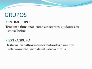 SERVIDORES   INDIVIDUAISGRUPOSINTRAGRUPOTendem a funcionar  como assistentes, ajudantes ou conselheirosEXTRAGRUPODestacar  trabalhos mais formalizados e um nível relativamente baixo de influência mútua.