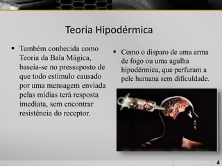 Teoria Hipodérmica
 Também conhecida como
Teoria da Bala Mágica,
baseia-se no pressuposto de
que todo estímulo causado
por uma mensagem enviada
pelas mídias terá resposta
imediata, sem encontrar
resistência do receptor.
 Como o disparo de uma arma
de fogo ou uma agulha
hipodérmica, que perfuram a
pele humana sem dificuldade.
4
 