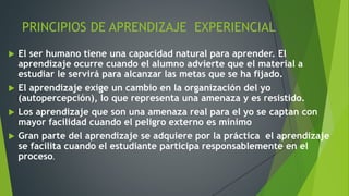 PRINCIPIOS DE APRENDIZAJE EXPERIENCIAL
 El ser humano tiene una capacidad natural para aprender. El
aprendizaje ocurre cuando el alumno advierte que el material a
estudiar le servirá para alcanzar las metas que se ha fijado.
 El aprendizaje exige un cambio en la organización del yo
(autopercepción), lo que representa una amenaza y es resistido.
 Los aprendizaje que son una amenaza real para el yo se captan con
mayor facilidad cuando el peligro externo es mínimo
 Gran parte del aprendizaje se adquiere por la práctica el aprendizaje
se facilita cuando el estudiante participa responsablemente en el
proceso.
 