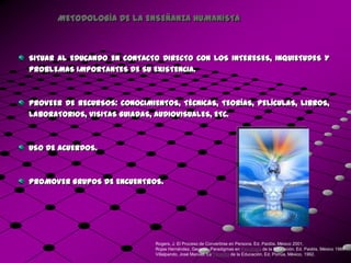 METODOLOGÍA DE LA ENSEÑANZA HUMANISTA



SITUAR AL EDUCANDO EN CONTACTO DIRECTO CON LOS INTERESES, INQUIETUDES Y
PROBLEMAS IMPORTANTES DE SU EXISTENCIA.



PROVEER DE RECURSOS: CONOCIMIENTOS, TÉCNICAS, TEORÍAS, PELÍCULAS, LIBROS,
LABORATORIOS, VISITAS GUIADAS, AUDIOVISUALES, ETC.



USO DE ACUERDOS.



PROMOVER GRUPOS DE ENCUENTROS.




                              Rogers, J. El Proceso de Convertirse en Persona. Ed. Paidós. México 2001.
                              Rojas Hernández, Gerardo. Paradigmas en Psicología de la Educación. Ed. Paidós. México 1988
                              Villalpando, José Manuel. La Filosofía de la Educación. Ed. Porrúa, México, 1992.
 