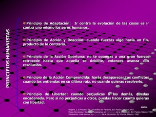 Principio de Adaptación: Ir contra la evolución de las cosas es ir
                        contra uno mismo los seres humanos.
PRINCIPIOS HUMANISTAS




                          Principio de Acción y Reacción: cuando fuerzas algo hacia un fin,
                        producto de lo contrario.


                          Principio de la Acción Oportuna: no te opongas a una gran fuerza,
                        retrocede hasta que aquella se debilite, entonces avanza con
                        resolución.


                          Principio de la Acción Comprendida: harás desaparecer tus conflictos
                        cuando los entiendas en su última raíz, no cuando quieras resolverlo.


                          Principio de Libertad: cuando perjudicas a los demás, quedas
                        encadenado. Pero si no perjudicas a otros, puedas hacer cuanto quieras
                        con libertad.
                                                                                                                                   MARIA
                                                 Rogers, J. El Proceso de Convertirse en Persona. Ed. Paidós. México 2001.
                                                 Rojas Hernández, Gerardo. Paradigmas en Psicología de la Educación. Ed. Paidós. México 1988
                                                 Villalpando, José Manuel. La Filosofía de la Educación. Ed. Porrúa, México, 1992.
 