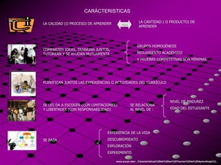 CARÁCTERISTICAS

LA CALIDAD (O PROCESO) DE APRENDER                    LA CANTIDAD ( O PRODUCTO) DE
                                         TAN
                                                      APRENDER




                                                     GRUPOS HOMOGÉNEOS
COMPARTEN IDEAS, TRABAJAN JUNTOS,
TUTOREAN Y SE AYUDAN MUTUAMENTE                      SEGUIMIENTO ACADÉMICO
                                                     Y PRUEBAS COMPETITIVAS SON MÍNIMAS




PLANIFICAN JUNTOS LAS EXPERIENCIAS O ACTIVIDADES DEL CURRÍCULO




                                                                              NIVEL DE MADUREZ
SE LES DA A ESCOGER (CON LIMITACIONES)         SE RELACIONA
Y LIBERTADES (CON RESPONSABILIDAD)             AL NIVEL DE :                  EDAD DEL ESTUDIANTE




                                 EXPERIENCIA DE LA VIDA
SE BASA                          DESCUBRIMIENTO
                                 EXPLORACIÓN
                                 EXPERIMENTO

                                     www.pucpr.edu/.../Características%20de%20las%20Teorías%20de%20Aprendizaje%2...
 