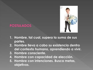 1. Hombre, tal cual, supera la suma de sus
partes.
2. Hombre lleva a cabo su existencia dentro
del contexto humano, aprendiendo a vivir.
3. Hombre consciente.
4. Hombre con capacidad de elección.
5. Hombre con intenciones. Busca metas,
objetivos.
 