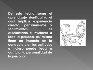 De esta teoría surge el
aprendizaje significativo el
cual implica experiencia
directa, pensamientos y
sentimientos; es
autoiniciado e involucra a
toda la persona, así mismo
tiene un impacto en la
conducta y en las actitudes
e incluso puede llegar a
cambiar la personalidad de
la persona.
 