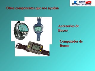 Otros componentes que nos ayudanOtros componentes que nos ayudan
Accesorios deAccesorios de
BuceoBuceo
Computador deComputador de
BuceoBuceo
 
