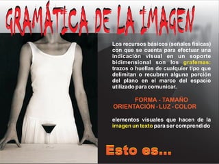 Los recursos básicos (señales físicas)
 con que se cuenta para efectuar una
 indicación visual en un soporte
 bidimensional son los grafemas:
 trazos o huellas de cualquier tipo que
 delimitan o recubren alguna porción
 del plano en el marco del espacio
 utilizado para comunicar.

       FORMA - TAMAÑO
 ORIENTACIÓN - LUZ - COLOR

 elementos visuales que hacen de la
 imagen un texto para ser comprendido



Esto es...
 