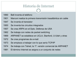 Historia de Internet
1890 Bell inventa el teléfono
1901 Marconi realiza la primera transmisión trasatlántica sin cable
1947 Se inventa el transistor
1950 Se inventa los circuitos integrados
1957 Se crea ARPA en el Dpto. Defensa de USA
1962 Se trabaja con redes de packet switching
1969 ARPANET se establece en UCLA, Stanford, U-Utah y otras
1972 Se crea programas de e-mail
1973 Se empieza a trabajar con lo que sería TCP/IP
1974 Se trabaja con Telnet, la 1ª. versión comercial de ARPANET
1981 El término Internet se asigna a un conjunto de redes
 