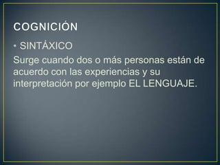 • SINTÁXICO
Surge cuando dos o más personas están de
acuerdo con las experiencias y su
interpretación por ejemplo EL LENGUAJE.
 