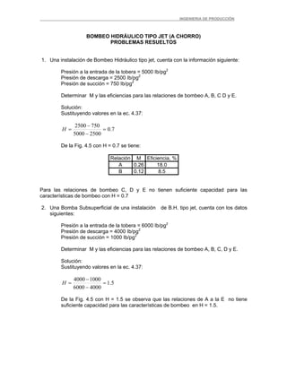 _ _________INGENIERIA DE PRODUCCIÓN
BOMBEO HIDRÁULICO TIPO JET (A CHORRO)
PROBLEMAS RESUELTOS
1. Una instalación de Bombeo Hidráulico tipo jet, cuenta con la información siguiente:
Presión a la entrada de la tobera = 5000 Ib/pg2
Presión de descarga = 2500 Ib/pg2
Presión de succión = 750 Ib/pg2
Determinar M y las eficiencias para las relaciones de bombeo A, B, C D y E.
Solución:
Sustituyendo valores en la ec. 4.37:
7.0
25005000
7502500
=
−
−
=H
De la Fig. 4.5 con H = 0.7 se tiene:
Relación M Eficiencia, %
A 0.26 18.0
B 0.12 8.5
Para las relaciones de bombeo C, D y E no tienen suficiente capacidad para las
características de bombeo con H = 0.7
2. Una Bomba Subsuperficial de una instalación de B.H. tipo jet, cuenta con los datos
siguientes:
Presión a la entrada de la tobera = 6000 Ib/pg2
Presión de descarga = 4000 Ib/pg2
Presión de succión = 1000 Ib/pg2
Determinar M y las eficiencias para las relaciones de bombeo A, B, C, D y E.
Solución:
Sustituyendo valores en la ec. 4.37:
5.1
40006000
10004000
=
−
−
=H
De la Fig. 4.5 con H = 1.5 se observa que las relaciones de A a la E no tiene
suficiente capacidad para las características de bombeo en H = 1.5.
 