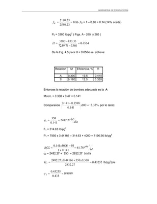 _ _________INGENIERIA DE PRODUCCIÓN
86.0
23.2540
23.2190
==Wf , fO = 1 – 0.86 = 0.14 (14% aceite)
P2 = 3380 Ib/pg2
( Figs. A - 265 y 266 )
6564.0
338071.7259
33.8333380
=
−
−
=H
De la Fig. 4.5 para H = 0.6564 se obtiene:
Relación M Eficiencia, % R
A 0.300 19.5 0.410
B 0.180 12.0 0.328
Entonces la relación de bombeo adecuada es la A
Mcorr. = 0.300 x 0.47 = 0.141
Comparando %33.13100
141.0
1598.0141.0
=
−
x por lo tanto:
día
blq 27.2482
141.0
350
1 ==
F1 = 314.63 Ib/pg2
P1 = 7950 x 0.44166 – 314.63 + 4000 = 7196.56 Ib/pg2
( )
bl
piex
RGL
3
78.61
141.01
01500141.0
=
+
−
=
q2 = 2482.27 + 350 = 2832.27 bI/día
43255.0
27.2832
368.035044166.027.2482
2 =
+
=
xx
G Ib/pg2
/pie
9989.0
433.0
43255.0
2 ==γ
 