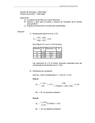 _ _________INGENIERIA DE PRODUCCIÓN
Presión de descarga = 1925 Ib/pg2
Presión de succión = 1000 Ib/pg2
Determinar:
a) La elación de bombeo con mayor eficiencia
b) Número y área para la tobera y cámara de mezclado de la bomba
subsuperficial.
c) El gasto de producción a condiciones superficiales.
Solución:
1) Sustituyendo datos en la ec. 4.37:
55.0
19253600
10001925
=
−
−
=H
De la figura 4.5. con H = 0.55 se tiene:
Relación M Eficiencia, % R
A 0.40 21.8 0.410
B 0.34 18.8 0.328
C 0.12 6.7 0.262
Las relaciones D y E no tienen suficiente capacidad para las
características de bombeo en H = 0.55.
2) Verificando por cavitación:
De la ec. 4.48 y considerando IC = 1.35 y KJ = 0.15:
Para A:
( )
726.0
10001100360035.1
1100
15.01
41.0
41.01
=
+−
+
−
=CM
MC > M, no presenta cavitación.
Para B:
( ) 034.150496.0
328.0
328.01
=
−
=CM
MC > M, no presenta cavitación.
 