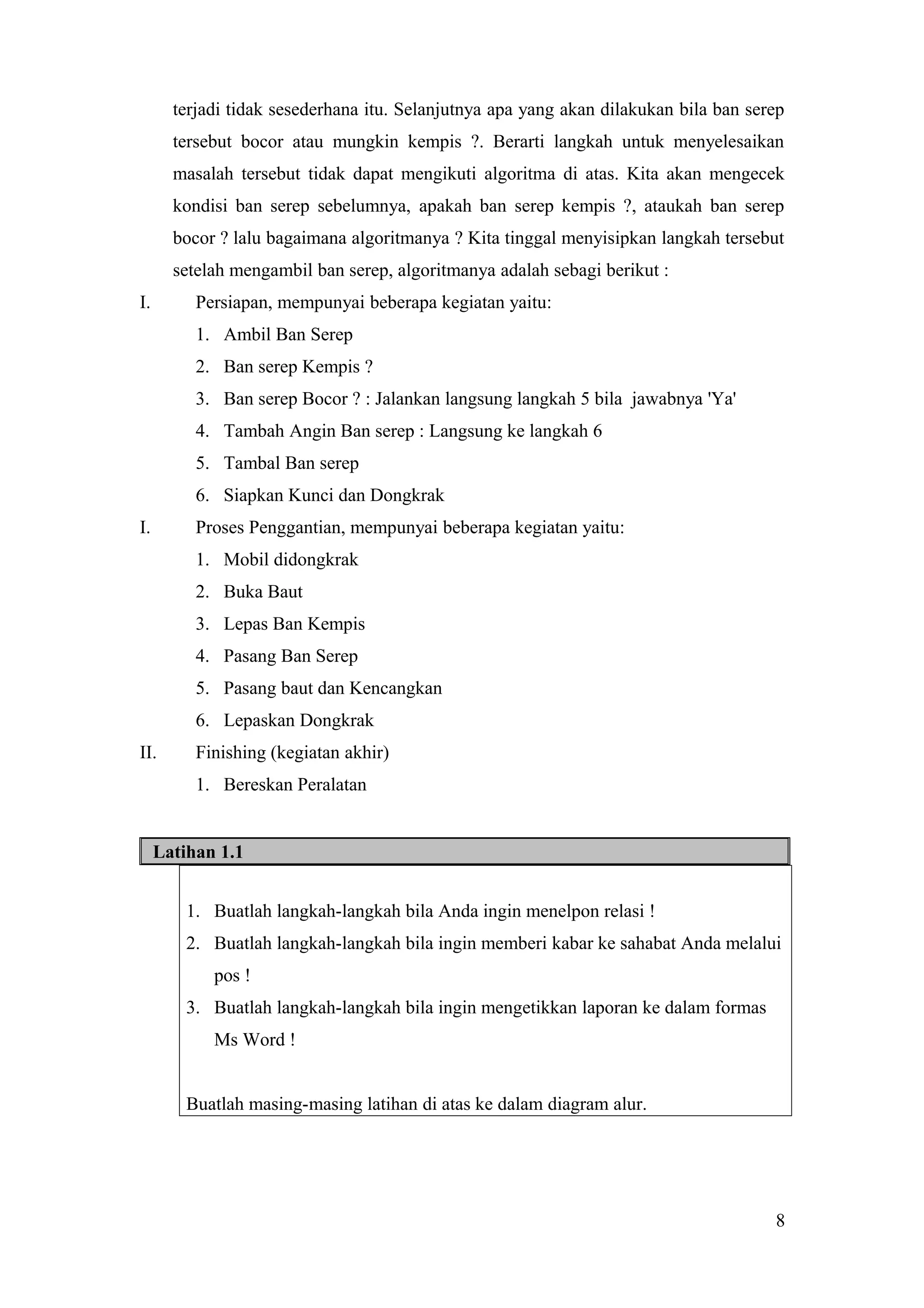 terjadi tidak sesederhana itu. Selanjutnya apa yang akan dilakukan bila ban serep
tersebut bocor atau mungkin kempis ?. Berarti langkah untuk menyelesaikan
masalah tersebut tidak dapat mengikuti algoritma di atas. Kita akan mengecek
kondisi ban serep sebelumnya, apakah ban serep kempis ?, ataukah ban serep
bocor ? lalu bagaimana algoritmanya ? Kita tinggal menyisipkan langkah tersebut
setelah mengambil ban serep, algoritmanya adalah sebagi berikut :
I. Persiapan, mempunyai beberapa kegiatan yaitu:
1. Ambil Ban Serep
2. Ban serep Kempis ?
3. Ban serep Bocor ? : Jalankan langsung langkah 5 bila jawabnya 'Ya'
4. Tambah Angin Ban serep : Langsung ke langkah 6
5. Tambal Ban serep
6. Siapkan Kunci dan Dongkrak
I. Proses Penggantian, mempunyai beberapa kegiatan yaitu:
1. Mobil didongkrak
2. Buka Baut
3. Lepas Ban Kempis
4. Pasang Ban Serep
5. Pasang baut dan Kencangkan
6. Lepaskan Dongkrak
II. Finishing (kegiatan akhir)
1. Bereskan Peralatan
Latihan 1.1
1. Buatlah langkah-langkah bila Anda ingin menelpon relasi !
2. Buatlah langkah-langkah bila ingin memberi kabar ke sahabat Anda melalui
pos !
3. Buatlah langkah-langkah bila ingin mengetikkan laporan ke dalam formas
Ms Word !
Buatlah masing-masing latihan di atas ke dalam diagram alur.
8
 