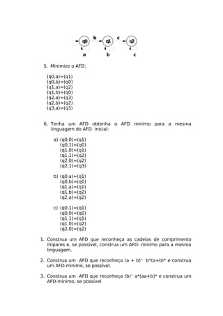 b         c
                 q0        q1        q2

                 a         b          c

 5. Minimize o AFD:

  (q0,a)=(q1)
  (q0,b)=(q0)
  (q1,a)=(q2)
  (q1,b)=(q0)
  (q2,a)=(q3)
  (q2,b)=(q2)
  (q3,a)=(q3)


 6. Tenha um AFD obtenha o AFD minimo para a mesma
    linguagem do AFD inicial:

     a) (q0,0)=(q1)
        (q0,1)=(q0)
        (q1,0)=(q1)
        (q1,1)=(q2)
        (q2,0)=(q2)
        (q2,1)=(q3)

     b) (q0,a)=(q1)
        (q0,b)=(q0)
        (q1,a)=(q1)
        (q1,b)=(q2)
        (q2,a)=(q2)

     c) (q0,1)=(q1)
        (q0,0)=(q0)
        (q1,1)=(q1)
        (q1,0)=(q2)
        (q2,0)=(q2)

1. Construa um AFD que reconheça as cadeias de comprimento
   ímpares e, se possível, construa um AFD- minimo para a mesma
   linguagem.

2. Construa um AFD que reconheça (a + b)+ b*(a+b)* e construa
   um AFD-minimo, se possível.

3. Construa um AFD que reconheça (b)+ a*(aa+b)* e construa um
   AFD-minimo, se possível
 