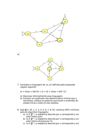 d)




7. Considera a linguagem de {a, b} definida pela expressão
   regular seguinte:

     (a + b)(aa + bb)*(b + a) + (b + a)(aa + bb)* (1)

     a) Descreve informalmente essa linguagem;
     b) Constrói um autômato nito determinístico mínimo que a
        reconheça. Indique as palavras que levam o autômato do
        estado inicial a cada um dos estados.


8. Seja ∑= {0, 1, 2, 3, 4, 5, 6, 7, 8, 9}, construa AFD’s mínimos
   para as seguintes linguagens:
      a) {x Є ∑* | a seqüência descrita por x corresponda a um
         valor inteiro par}
      b) {x Є ∑* | a seqüência descrita por x corresponda a um
         valor inteiro divisível por 5}
      c) {x Є ∑* | a seqüência descrita por x corresponda a um
 