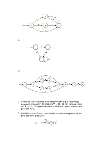 f)




g)




2. Construa um autômato não-determinístico que reconheça
   qualquer linguagem do alfabeto ∑ = {0, 1} das palavras com
   um 1 na terceira posição a contar do fim e depois converta-a
   para um AFD.

3. Considere o autômato nito não-determinístico representados
   pelo seguinte diagrama:
 