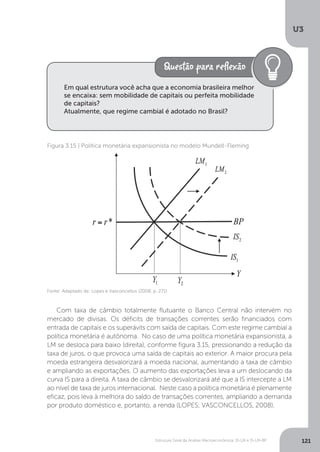 Estrutura Geral da Análise Macroeconômica: IS-LM e IS-LM-BP
U3
121
Com taxa de câmbio totalmente flutuante o Banco Central não intervém no
mercado de divisas. Os déficits de transações correntes serão financiados com
entrada de capitais e os superávits com saída de capitais. Com este regime cambial a
política monetária é autônoma. No caso de uma política monetária expansionista, a
LM se desloca para baixo (direita), conforme figura 3.15, pressionando a redução da
taxa de juros, o que provoca uma saída de capitais ao exterior. A maior procura pela
moeda estrangeira desvalorizará a moeda nacional, aumentando a taxa de câmbio
e ampliando as exportações. O aumento das exportações leva a um deslocando da
curva IS para a direita. A taxa de câmbio se desvalorizará até que a IS intercepte a LM
ao nível de taxa de juros internacional. Neste caso a política monetária é plenamente
eficaz, pois leva à melhora do saldo de transações correntes, ampliando a demanda
por produto doméstico e, portanto, a renda (LOPES; VASCONCELLOS, 2008).
Em qual estrutura você acha que a economia brasileira melhor
se encaixa: sem mobilidade de capitais ou perfeita mobilidade
de capitais?
Atualmente, que regime cambial é adotado no Brasil?
Figura 3.15 | Política monetária expansionista no modelo Mundell-Fleming
Fonte: Adaptado de: Lopes e Vasconcellos (2008, p. 271)
 