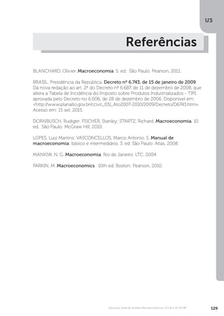 U3
129
Estrutura Geral da Análise Macroeconômica: IS-LM e IS-LM-BP
Referências
BLANCHARD, Olivier. Macroeconomia. 5. ed. São Paulo: Pearson, 2011.
BRASIL. Presidência da República. Decreto nº 6.743, de 15 de janeiro de 2009.
Dá nova redação ao art. 2º do Decreto nº 6.687, de 11 de dezembro de 2008, que
altera a Tabela de Incidência do Imposto sobre Produtos Industrializados - TIPI,
aprovada pelo Decreto no 6.006, de 28 de dezembro de 2006. Disponível em:
<http://www.planalto.gov.br/ccivil_03/_Ato2007-2010/2009/Decreto/D6743.htm>.
Acesso em: 15 set. 2015.
DORNBUSCH, Rudiger; FISCHER, Stanley; STARTZ, Richard. Macroeconomia. 10.
ed. São Paulo: McGraw Hill, 2010.
LOPES, Luiz Martins; VASCONCELLOS, Marco Antonio. S. Manual de
macroeconomia: básico e intermediário. 3. ed. São Paulo: Atlas, 2008.
MANKIW, N. G. Macroeconomia. Rio de Janeiro: LTC, 2004.
PARKIN, M. Macroeconomics. 10th ed. Boston: Pearson, 2010.
 