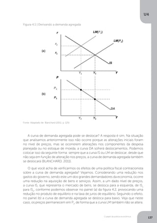 O papel da política econômica
U4
137
A curva de demanda agregada pode se deslocar? A resposta é sim. Na situação
que analisamos anteriormente isso não ocorre porque as alterações iniciais foram
no nível de preços, mas se ocorrerem alterações nos componentes da despesa
planejada ou no estoque de moeda, a curva DA sofrerá deslocamentos. Podemos
colocar isso da seguinte forma: sempre que a curva IS ou LM se deslocar, desde que
não seja em função de alteração nos preços, a curva de demanda agregada também
se deslocará (BLANCHARD, 2011).
O que você acha de verificarmos os efeitos de uma política fiscal contracionista
sobre a curva de demanda agregada? Vejamos. Considerando uma redução nos
gastos do governo, sendo este um dos grandes demandadores da economia, ocorre
uma redução na aquisição de bens e serviços. Assim, a um dado nível de preços,
a curva IS, que representa o mercado de bens, se desloca para a esquerda, de IS1
para IS2
, conforme podemos observar no painel (a) da figura 4.2, provocando uma
redução no produto de equilíbrio e na taxa de juros de equilíbrio. Seguindo o efeito,
no painel (b) a curva de demanda agregada se desloca para baixo. Veja que neste
caso, os preços permanecem em P1
, de forma que a curva LM também não se altera.
Figura 4.1 | Derivando a demanda agregada
Fonte: Adaptado de: Blanchard (2011, p. 125)
 