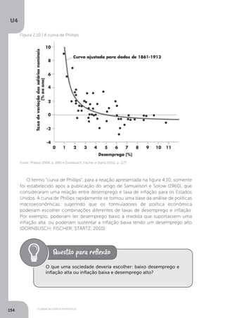 O papel da política econômica
U4
154
Fonte: Phillips (1958, p. 285) e Dornbusch, Fischer e Startz (2010, p. 117)
Figura 2.10 | A curva de Phillips
O termo “curva de Phillips”, para a relação apresentada na figura 4.10, somente
foi estabelecido após a publicação do artigo de Samuelson e Solow (1960), que
consideraram uma relação entre desemprego e taxa de inflação para os Estados
Unidos. A curva de Phillips rapidamente se tornou uma base da análise de políticas
macroeconômicas, sugerindo que os formuladores de política econômica
poderiam escolher combinações diferentes de taxas de desemprego e inflação.
Por exemplo, poderiam ter desemprego baixo à medida que suportassem uma
inflação alta, ou poderiam sustentar a inflação baixa tendo um desemprego alto
(DORNBUSCH; FISCHER; STARTZ, 2010).
O que uma sociedade deveria escolher: baixo desemprego e
inflação alta ou inflação baixa e desemprego alto?
 
