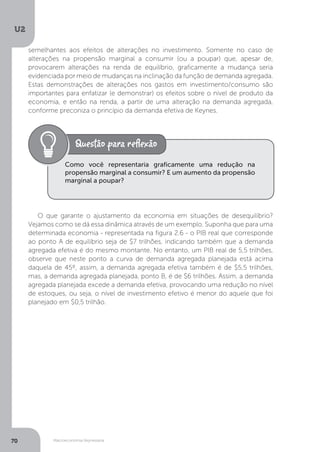 Macroeconomia Keynesiana
U2
70
semelhantes aos efeitos de alterações no investimento. Somente no caso de
alterações na propensão marginal a consumir (ou a poupar) que, apesar de,
provocarem alterações na renda de equilíbrio, graficamente a mudança seria
evidenciada por meio de mudanças na inclinação da função de demanda agregada.
Estas demonstrações de alterações nos gastos em investimento/consumo são
importantes para enfatizar (e demonstrar) os efeitos sobre o nível de produto da
economia, e então na renda, a partir de uma alteração na demanda agregada,
conforme preconiza o princípio da demanda efetiva de Keynes.
O que garante o ajustamento da economia em situações de desequilíbrio?
Vejamos como se dá essa dinâmica através de um exemplo. Suponha que para uma
determinada economia - representada na figura 2.6 - o PIB real que corresponde
ao ponto A de equilíbrio seja de $7 trilhões, indicando também que a demanda
agregada efetiva é do mesmo montante. No entanto, um PIB real de 5,5 trilhões,
observe que neste ponto a curva de demanda agregada planejada está acima
daquela de 45º, assim, a demanda agregada efetiva também é de $5,5 trilhões,
mas, a demanda agregada planejada, ponto B, é de $6 trilhões. Assim, a demanda
agregada planejada excede a demanda efetiva, provocando uma redução no nível
de estoques, ou seja, o nível de investimento efetivo é menor do aquele que foi
planejado em $0,5 trilhão.
Como você representaria graficamente uma redução na
propensão marginal a consumir? E um aumento da propensão
marginal a poupar?
 