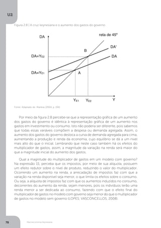 Macroeconomia Keynesiana
U2
78
Figura 2.8 | A cruz keynesiana e o aumento dos gastos do governo
Fonte: Adaptado de: Mankiw (2004, p. 194)
Por meio da figura 2.8 percebe-se que a representação gráfica de um aumento
dos gastos do governo é idêntica à representação gráfica de um aumento nos
gastos em investimento ou consumo. Isto não poderia ser diferente, pois sabemos
que todas essas variáveis compõem a despesa ou demanda agregada. Assim, o
aumento dos gastos do governo desloca a curva de demanda agregada para cima,
aumentando a produção e renda da economia, cujo equilíbrio se dá a um nível
mais alto do que o inicial. Lembrando que neste caso também há os efeitos do
multiplicador de gastos, assim, a magnitude da variação na renda será maior do
que a magnitude inicial do aumento dos gastos.
Qual a magnitude do multiplicador de gastos em um modelo com governo?
Na expressão 15, perceba que os impostos, por meio de sua alíquota, possuem
um efeito redutor sobre o nível de produto, reduzindo o valor do multiplicador.
Ocorrendo um aumento na renda, a arrecadação de impostos faz com que a
variação na renda disponível seja menor, o que limita os efeitos sobre o consumo.
Ou seja, a alíquota de impostos faz com que os aumentos induzidos no consumo,
decorrentes do aumento da renda, sejam menores, pois os indivíduos terão uma
renda menor a ser dedicada ao consumo, fazendo com que o efeito final do
multiplicador de gastos no modelo com governo seja menor do que o multiplicador
de gastos no modelo sem governo (LOPES; VASCONCELLOS, 2008).
 