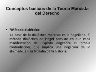 *Método dialéctico: La base de la dialéctica marxista es la hegeliana. El método dialéctico de  Hegel  consiste en que cada manifestación del Espíritu engendra su propia contradicción, que implica una negación de lo afirmado. En su filosofía de la historia.  Conceptos básicos de la Teoría Marxista del Derecho 