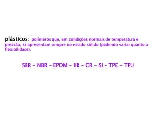 plásticos: polímeros que, em condições normais de temperatura e 
pressão, se apresentam sempre no estado sólido (podendo variar quanto a 
flexibilidade). 
SBR – NBR – EPDM – IIR – CR – SI – TPE - TPU 
 