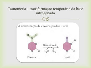 Tautomeria – transformação temporária da base
nitrogenada



 