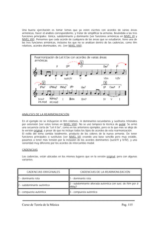 Una buena ejercitación es tomar temas que ya estén escritos con acordes de varias áreas
   armónicas, hacer el análisis correspondiente, y tratar de simplificar la armonía, llevándola a las tres
   funciones principales: tónica, subdominante y dominante (ver funciones armónicas en NIVEL VI y
   NIVEL VII). Pensemos que cada acorde de cualquiera de las áreas que se estudiaron, tiene una de
   las tres funciones armónicas, inclusive los que no se analizan dentro de las cadencias, como IIm
   relativos, acordes disminuidos, etc. (ver NIVEL VIII).




   ANÁLISIS DE LA REARMONIZACIÓN

   En el ejemplo no se incluyeron ni IIm relativos, ni dominantes secundarios y sustitutos tritonales
   por extensión (ver estos temas en NIVEL VIII). No se usó tampoco la técnica de pedal. Se armó
   una secuencia corta de "Let it be", como en los anteriores ejemplos, pero es la que más se aleja de
   la versión original, a pesar de que no incluye todos los tipos de acordes de esta rearmonización.
   El estilo del tema cambia totalmente, producto de los colores de la nueva armonía. De tener
   funciones principales o sustitutas (ver NIVEL VI) creando una base sencilla pero muy estable,
   pasamos a tener más tensión por la inclusión de los acordes dominantes (susV/V y V/IV), y una
   sonoridad muy diferente por los acordes de intercambio modal.

   CADENCIAS

   Las cadencias, están ubicadas en los mismos lugares que en la versión original, pero con algunas
   variantes.



       CADENCIAS ORIGINALES                            CADENCIAS DE LA REARMONIZACIÓN

1 - dominante rota                           1 - dominante rota
                                             2 - subdominante alterada auténtica con sust. de IVm por b
2 - subdominante auténtica
                                             IIMaj7

3 - compuesta auténtica                      3 - compuesta auténtica



   Curso de Teoría de la Música                                                             Pag. 115
 