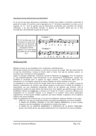 Qué pasa con las alteraciones accidentales?

En el caso de que haya alteraciones accidentales, tenemos que analizar si asciende o desciende el
grado de la escala. En el primer caso le agregamos un "#" al número equivalente a la nota, y en el
segundo, un "b ". Esto no significa que las alteraciones accidentales que ascienden son siempre
sostenidos, o las que descienden bemoles. Si aparece un becuadro, habrá que ver si está
ascendiendo o descendiendo el grado de la escala.




       El #4 no indica que en el
       transporte la nueva nota
     quede con esa alteración. El
      becuadro que queda en el
          pentagrama inferior,
      equivale a un cuarto grado
     ascendido para la tonalidad
                 de F.




MODULACIÓN


Modular es pasar de una tonalidad a otra, temporaria o definitivamente.
Vista desde el punto de vista armónico, es otro de los recursos de arreglo. Salir del centro tonal en
el cual nos encontramos, renueva el interés sobre el tema. Este tipo de cambios sonoros, se
escuchan muy a menudo en temas populares.
Según el concepto establecido, estaríamos rozando la definición de transporte. Pero el transporte
se usa fundamentalmente como herramienta en los instrumentos transpositores, cuando una
tonalidad es incómoda para el registro de algún cantante, o técnicamente difícil para un
instrumento. En el transporte, pasamos la misma melodía y la misma armonía a otro tono.
La modulación se usa como recurso de arreglo, dentro de un mismo tema, y se realiza a través de
distintas combinaciones de armonía, que pueden preparar al oído para el cambio de tonalidad, o
sorprenderlo con una modulación inesperada. Dentro de las opciones que tenemos, está la
posibilidad de cambiar de modo dentro del mismo tema. Esto significa que podemos jugar entre las
tonalidades relativas (ver NIVEL IV), o convertir un C mayor en C menor, y viceversa. Además en la
modulación no es necesario respetar ni la melodía ni la armonía como fueron planteadas
originalmente. El tema puede modular y plantear una nueva melodía, o quedarse con la original y
subirla a una nueva tonalidad.
Según la combinación de armonías que se use para la modulación, podemos dividirla en tres tipos:
         DIRECTA: es la que nos sorprende porque no prepara la modulación a la nueva tonalidad.
         A TRAVÉS DE ACORDES COMUNES A LOS DOS CAMPOS ARMÓNICOS: al tener acordes
         comunes a las dos tonalidades, la modulación es mucho más suave.
         A TRAVÉS DE LA CADENCIA DOMINANTE O COMPUESTA DE LA NUEVA TONALIDAD:
         genera una tensión previa, que dirige auditivamente a la resolución de la nueva tonalidad.




Curso de Teoría de la Música                                                           Pag. 122
 