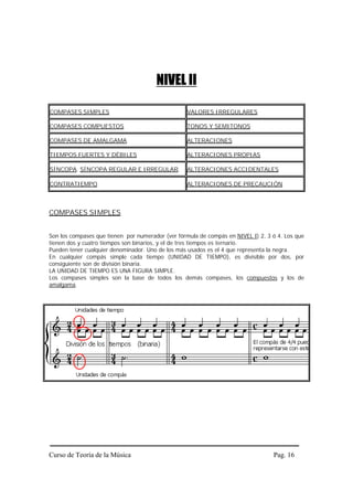 NIVEL II

COMPASES SIMPLES                                  VALORES IRREGULARES

COMPASES COMPUESTOS                               TONOS Y SEMITONOS

COMPASES DE AMALGAMA                              ALTERACIONES

TIEMPOS FUERTES Y DÉBILES                         ALTERACIONES PROPIAS

SÍNCOPA. SÍNCOPA REGULAR E IRREGULAR.             ALTERACIONES ACCIDENTALES

CONTRATIEMPO                                      ALTERACIONES DE PRECAUCIÓN



COMPASES SIMPLES


Son los compases que tienen por numerador (ver fórmula de compás en NIVEL I) 2, 3 ó 4. Los que
tienen dos y cuatro tiempos son binarios, y el de tres tiempos es ternario.
Pueden tener cualquier denominador. Uno de los más usados es el 4 que representa la negra.
En cualquier compás simple cada tiempo (UNIDAD DE TIEMPO), es divisible por dos, por
consiguiente son de división binaria.
LA UNIDAD DE TIEMPO ES UNA FIGURA SIMPLE.
Los compases simples son la base de todos los demás compases, los compuestos y los de
amalgama.




Curso de Teoría de la Música                                                      Pag. 16
 