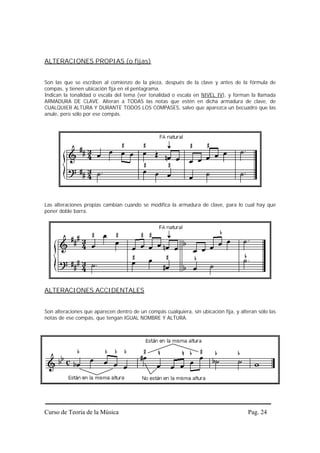 ALTERACIONES PROPIAS (o fijas)


Son las que se escriben al comienzo de la pieza, después de la clave y antes de la fórmula de
compás, y tienen ubicación fija en el pentagrama.
Indican la tonalidad o escala del tema (ver tonalidad o escala en NIVEL IV), y forman la llamada
ARMADURA DE CLAVE. Alteran a TODAS las notas que estén en dicha armadura de clave, de
CUALQUIER ALTURA Y DURANTE TODOS LOS COMPASES, salvo que aparezca un becuadro que las
anule, pero sólo por ese compás.




Las alteraciones propias cambian cuando se modifica la armadura de clave, para lo cual hay que
poner doble barra.




ALTERACIONES ACCIDENTALES


Son alteraciones que aparecen dentro de un compás cualquiera, sin ubicación fija, y alteran sólo las
notas de ese compás, que tengan IGUAL NOMBRE Y ALTURA.




Curso de Teoría de la Música                                                            Pag. 24
 