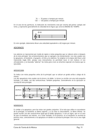 70 = 70 pulsos o tiempos por minuto
                              120 = 120 pulsos o tiempos por minuto

En el caso de las partituras, la indicación de metrónomo está por encima del primer compás del
tema, y representa generalmente la velocidad de la figura que sería la UNIDAD DE TIEMPO.




En este ejemplo, deberíamos llevar una velocidad equivalente a 60 negras por minuto.

ADORNOS


Los adornos se representan por medio de signos o notas pequeñas que se colocan antes o después
de la nota principal. Son ornamentaciones que se agregan a la interpretación. Los más usados son
la apoyatura, el mordente, el grupeto, el trino y la cadencia. Se originan en la época del Clave y del
Clavicordio (siglo XVI), porque esos instrumentos no permitían tocar ni con matices ni con
articulaciones, y se buscaba "adornar" las notas para crear un atractivo especial a la música que se
ejecutaba.


APOYATURA

Se indica con notas pequeñas antes de la principal, que se ubican un grado arriba o abajo de la
misma.
Las dos apoyaturas más usadas son la breve y la doble. La breve se escribe con una nota pequeña
tachada, y la doble, con dos semicorcheas, también pequeñas. Generalmente en la ejecución se
acentúa la nota principal.




MORDENTE

Es similar a la apoyatura, pero las notas son grados conjuntos. Si la nota que utiliza es ascendente
de la principal, el mordente se llama superior, y si la nota es descendente, se llama inferior. Se
puede escribir con dos semicorcheas igual que la doble apoyatura, o con un signo, que en el caso
de que el mordente sea inferior, va a estar tachado. En la práctica, en el mordente se acentúa la
primera nota, contrariamente a la apoyatura en donde se acentúa la principal. Pero no es una regla
general.



Curso de Teoría de la Música                                                             Pag. 31
 