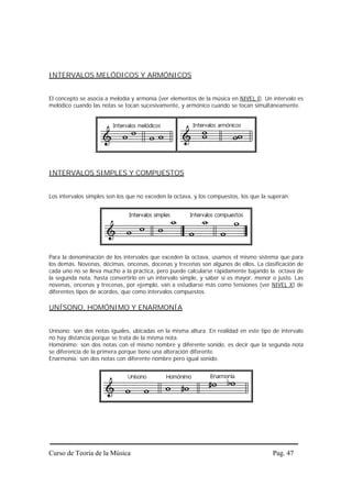 INTERVALOS MELÓDICOS Y ARMÓNICOS


El concepto se asocia a melodía y armonía (ver elementos de la música en NIVEL I). Un intervalo es
melódico cuando las notas se tocan sucesivamente, y armónico cuando se tocan simultáneamente.




INTERVALOS SIMPLES Y COMPUESTOS


Los intervalos simples son los que no exceden la octava, y los compuestos, los que la superan.




Para la denominación de los intervalos que exceden la octava, usamos el mismo sistema que para
los demás. Novenas, décimas, oncenas, docenas y trecenas son algunos de ellos. La clasificación de
cada uno no se lleva mucho a la práctica, pero puede calcularse rápidamente bajando la octava de
la segunda nota, hasta convertirlo en un intervalo simple, y saber si es mayor, menor o justo. Las
novenas, oncenas y trecenas, por ejemplo, van a estudiarse más como tensiones (ver NIVEL X) de
diferentes tipos de acordes, que como intervalos compuestos.

UNÍSONO, HOMÓNIMO Y ENARMONÍA


Unísono: son dos notas iguales, ubicadas en la misma altura. En realidad en este tipo de intervalo
no hay distancia porque se trata de la misma nota.
Homónimo: son dos notas con el mismo nombre y diferente sonido, es decir que la segunda nota
se diferencia de la primera porque tiene una alteración diferente.
Enarmonía: son dos notas con diferente nombre pero igual sonido.




Curso de Teoría de la Música                                                           Pag. 47
 