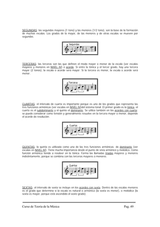 SEGUNDAS: las segundas mayores (1 tono) y las menores (1/2 tono), son la base de la formación
de muchas escalas. Los grados de la mayor, de las menores y de otras escalas se mueven por
segundas.




TERCERAS: las terceras son las que definen el modo mayor o menor de la escala (ver escalas
mayores y menores en NIVEL IV) o acorde. Si entre la tónica y el tercer grado, hay una tercera
mayor (2 tonos), la escala o acorde será mayor. Si la tercera es menor, la escala o acorde será
menor.




CUARTAS: el intervalo de cuarta es importante porque es uno de los grados que representa las
tres funciones armónicas (ver escalas en NIVEL IV)del sistema tonal. El primer grado es la tónica, el
cuarto es el subdominante y el quinto el dominante. Se utiliza también en los acordes con cuarta;
se puede considerar como tensión y generalmente resuelve en la tercera mayor o menor, depende
el acorde de resolución.




QUINTAS: la quinta es utilizada como una de las tres funciones armónicas: de dominante (ver
escalas en NIVEL IV). Tiene mucha importancia desde el punto de vista armónico y melódico. Como
función armónica tiende a resolver en la tónica. Forma las llamadas tríadas mayores y menores
indistintamente, porque se combina con las terceras mayores o menores.




SEXTAS: el intervalo de sexta se incluye en los acordes con sexta. Dentro de las escalas menores
es el grado que determina si la escala es natural o armónica (la sexta es menor), o melódica (la
sexta es mayor, porque está ascendido el sexto grado).



Curso de Teoría de la Música                                                            Pag. 49
 