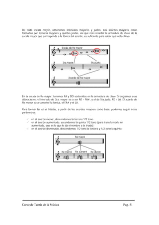 De cada escala mayor, obtenemos intervalos mayores y justos. Los acordes mayores están
formados por terceras mayores y quintas justas, así que con recordar la armadura de clave de la
escala mayor que corresponda a la tónica del acorde, es suficiente para saber qué notas lleva.




En la escala de Re mayor, tenemos FA y DO sostenidos en la armadura de clave. Si seguimos esas
alteraciones, el intervalo de 3ra. mayor va a ser RE - FA#, y el de 5ta.justa, RE - LA. El acorde de
Re mayor va a contener la tónica, el FA# y el LA.

Para formar las otras tríadas, a partir de los acordes mayores como base, podemos seguir estos
parámetros:

        en el acorde menor, descendemos la tercera 1/2 tono
        en el acorde aumentado, ascendemos la quinta 1/2 tono (para transformarla en
        aumentada, que es la que le da el nombre a la tríada)
        en el acorde disminuído, descendemos 1/2 tono la tercera y 1/2 tono la quinta




Curso de Teoría de la Música                                                            Pag. 51
 