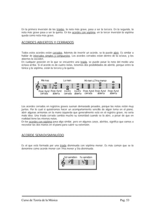 En la primera inversión de las tríadas, la nota más grave, pasa a ser la tercera. En la segunda, la
nota más grave pasa a ser la quinta. En los acordes con séptima, en la tercer inversión la séptima
queda como nota más grave.

ACORDES ABIERTOS Y CERRADOS


Todos estos acordes están cerrados. Además de invertir un acorde, se lo puede abrir. Es similar a
hablar de intervalos simples y compuestos. Los acordes cerrados están dentro de la octava, y los
abiertos la exceden.
En cualquier posición en la que se encuentre una tríada, se puede pasar la nota del medio una
octava arriba. Si el acorde es de cuatro notas, tenemos dos posibilidades de abrirlo, porque entre la
tónica y la séptima, están la tercera y la quinta.




Los acordes cerrados en registros graves suenan demasiado pesados, porque las notas están muy
juntas. Por lo cual si quisiéramos hacer un acompañamiento sencillo de algún tema en el piano,
abrir algunas armonías en la mano izquierda que generalmente está en el registro grave, no sería
mala idea. Una tríada cerrada cambia mucho su sonoridad cuando se la abre, a pesar de que en
realidad tiene las mismas notas.
En los acordes con séptima pasa algo similar, pero en algunos casos, abrirlos, significa que vamos a
necesitar las dos manos en el piano para cubrir su extensión.



ACORDE SEMIDISMINUÍDO


Es el que está formado por una tríada disminuída con séptima menor. Es más común que se lo
denomine como acorde menor con 7ma.menor y 5ta.disminuída.




Curso de Teoría de la Música                                                            Pag. 53
 