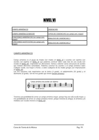 NIVEL VI

CAMPO ARMÓNICO                                CADENCIAS

CAMPO ARMÓNICO MAYOR                          TIPOS DE CADENCIAS (en campo arm. mayor)

FUNCIONES ARMÓNICAS (en campo arm.
                                              ANÁLISIS DE CADENCIAS 1
mayor)
FUNCIONES SUSTITUTAS (en campo arm.
                                              ANÁLISIS DE CADENCIAS 2
mayor)




 CAMPO ARMÓNICO


 Campo armónico es el grupo de tríadas (ver tríadas en NIVEL V) o acordes con séptima (ver
 acordes con séptima en NIVEL V) que podemos construir sobre cada nota de una escala (ver
 escalas en NIVEL IV), respetando sus alteraciones. Vamos a obtener varias estructuras de acordes
 que tendrán diferentes sonoridades. Podemos construir los acordes o el campo armónico sobre
 cualquier escala, sea mayor o menor, o sobre cualquiera de los modos griegos (ver Improvisación
 en NIVEL IX).
 Las tres funciones más importantes son la tónica (I grado), el subdominante (IV grado) y el
 dominante (V grado). Son los tres grados que tienen función armónica.




 Tenemos una posibilidad de armar un campo armónico mayor, porque hay una sola escala mayor, y
 tres posibilidades de armar un campo armónico menor, porque tenemos la antigua, la armónica y la
 melódica (ver escalas menores en NIVEL IV).




 Curso de Teoría de la Música                                                        Pag. 59
 