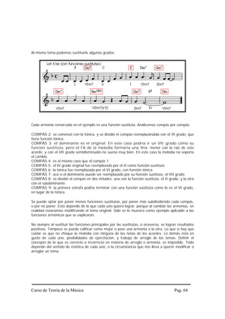 Al mismo tema podemos sustituirle algunos grados.




Cada armonía remarcada en el ejemplo es una función sustituta. Analicemos compás por compás:

COMPÁS 2: se comenzó con la tónica, y se dividió el compás reemplazándola con el VI grado, que
tiene función tónica.
COMPÁS 3: el dominante es el original. En este caso podría ir un VII grado como su
función sustituta, pero el FA de la melodía formaría una 9na. menor con la raíz de este
acorde, y con el VII grado semidisminuido no suena muy bien. En este caso la melodía no soporta
el cambio.
COMPÁS 4: es el mismo caso que el compás 1.
COMPÁS 5: el IV grado original fue reemplazado por el II como función sustituta.
COMPÁS 6: la tónica fue reemplazada por el VI grado, con función tónica.
COMPÁS 7: acá sí el dominante puede ser reemplazado por su función sustituta, el VII grado.
COMPÁS 8: se dividió el compás en dos mitades, una con la función sustituta, el II grado, y la otra
con el subdominante.
COMPÁS 9: la primera estrofa podría terminar con una función sustituta como lo es el VI grado,
en lugar de la tónica.

Se puede optar por poner menos funciones sustitutas, por poner más subdividiendo cada compás,
o por no poner. Esto depende de lo que cada uno quiera lograr, porque al cambiar las armonías, en
realidad estaríamos modificando el tema original. Sólo se lo muestra como ejemplo aplicable a las
funciones armónicas que se explicaron.

No siempre al sustituir las funciones principales por las sustitutas, o viceversa, se logran resultados
positivos. Tampoco se puede calificar como mejor o peor una armonía o la otra. Lo que sí hay que
cuidar es que no choque la melodía con ninguna de las notas de los acordes. Lo demás está en
gusto de cada uno, posibilidades de ejercitación, y trabajo de arreglo de los temas. Definir el
concepto de lo que es correcto o incorrecto en materia de arreglo o armonía, es imposible. Todo
depende del sentido de estética de cada uno, o la circunstancia que nos lleva a querer modificar o
arreglar un tema.




Curso de Teoría de la Música                                                              Pag. 64
 