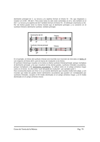 dominante principal de C. La tercera y la séptima forman el tritono SI - FA, que impulsaría a
resolver en el DO - MI del C. Pero estas notas no sólo están contenidas en el G, sino también en el
Db 7. La tercera y la séptima de Db 7 también forman el tritono FA - SI (DOb por enarmonía es SI).
Por tal motivo puede tener la misma función que el dominante principal, y se convierte en el
sustituto tritonal o dominante sustituto, también principal.




En el ejemplo, el tritono del sustituto tritonal está invertido (ver inversión de intervalos en NIVEL V)
con respecto al tritono del G, pero la fuerza de resolución es la misma.
El sustituto tritonal que resuelve en la tónica se llama sustituto tritonal principal, porque reemplaza
al dominante principal, y los que resuelven en los demás grados, sustitutos tritonales secundarios,
porque reemplazan a los dominantes secundarios. Se utilizan tanto en el campo armónico mayor
como en el menor. Se cifra como "susV del grado de resolución", por ejemplo susV/ I.
Para reconocerlos basta con mirar si es un acorde dominante que resuelve medio tono abajo, y con
recordar que todos los grados tienen dominantes secundarios que pueden ser reemplazados por
sustitutos tritonales, excepto el VII medio disminuído en el campo armónico mayor, y el II medio
disminuído en el campo armónico menor.




Curso de Teoría de la Música                                                               Pag. 79
 