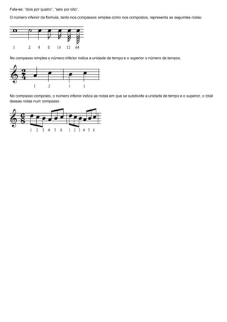Fala-se: “dois por quatro”, “seis por oito”.

O número inferior da fórmula, tanto nos compassos simples como nos compostos, representa as seguintes notas:




No compasso simples o número inferior indica a unidade de tempo e o superior o número de tempos.




No compasso composto, o número inferior indica as notas em que se subdivide a unidade de tempo e o superior, o total
dessas notas num compasso.
 