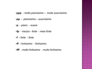 • ppp   - molto pianissimo –  muito suavíssimo • pp  -   pianissimo – suavíssimo  • p   - piano  - suave  • fp   - mezzo - forte  - meio forte  • f   - forte  - forte  • ff  -  fortissimo  - fortíssimo  • fff   - molto fortissimo  - muito fortíssimo 