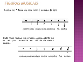 Cada figura musical tem símbolo correspondente que se usa para representar um silêncio da mesma duração.  Lembre-se: A figura da nota indica a duração do som.  