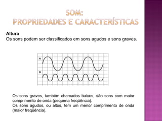 Altura Os sons podem ser classificados em sons agudos e sons graves. Os sons graves, também chamados baixos, são sons com maior comprimento de onda (pequena freqüência). Os sons agudos, ou altos, tem um menor comprimento de onda (maior freqüência). 