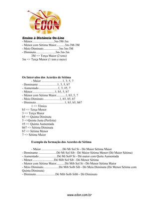 - Menor............................3m-3M-3m
- Menor com Sétima Maior...........3m-3M-3M
- Meio Diminuto....................3m-3m-3M
- Diminuto.........................3m-3m-3m
       3M => Terça Maior (2 tons)
3m => Terça Menor (1 tom e meio)




Os Intervalos dos Acordes de Sétima
       - Maior ...........................1, 3, 5, 7
- Dominante ........................1, 3, 5, b7
- Aumentado.........................1, 3, #5, 7
- Menor.............................1, b3, 5, b7
- Menor com Sétima Maior............1, b3, 5, 7
- Meio Diminuto.....................1, b3, b5, b7
- Diminuto.....................................1, b3, b5, bb7
       1 => Tônica
b3 => Terça Menor
3 => Terça Maior
b5 => Quinta Diminuta
5 =>Quinta Justa (Perfeita)
#5 => Quinta Aumentada
bb7 => Sétima Diminuta
b7 => Sétima Menor
7 => Sétima Maior

         Exemplo da formação dos Acordes de Sétima

       - Maior ...........................Dó Mi Sol Si - Dó Maior Sétima Maior
- Dominante .......................Dó Mi Sol Sib - Dó Maior Sétima Menor (Dó Maior Sétima)
- Aumentado........................Dó Mi Sol# Si - Dó maior com Quita Aumentada
- Menor............................Dó Mib Sol Sib - Dó Menor Sétima
- Menor com Sétima Maior...........Dó Mib Sol Si - Dó Menor Sétima Maior
- Meio Diminuto....................Dó Mib Solb Sib - Dó Meia Diminuta (Dó Menor Sétima com
Quinta Diminuta)
- Diminuto.........................Dó Mib Solb Sibb - Dó Diminuto




                                              www.edon.com.br
 