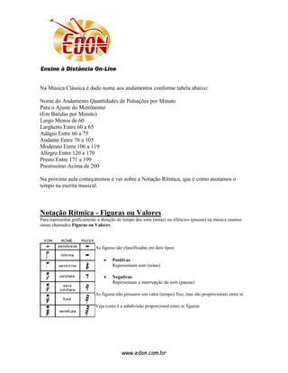 Na Música Clássica é dado nome aos andamentos conforme tabela abaixo:

Nome do Andamento Quantidades de Pulsações por Minuto
Para o Ajuste do Metrônomo
(Em Batidas por Minuto)
Largo Menos de 60
Larghetto Entre 60 a 65
Adágio Entre 66 a 75
Andante Entre 76 a 105
Moderato Entre 106 a 119
Allegro Entre 120 a 170
Presto Entre 171 a 199
Prestissimo Acima de 200

Na próxima aula começaremos e ver sobre a Notação Rítmica, que é como anotamos o
tempo na escrita musical.



Notação Rítmica - Figuras ou Valores
Para representar graficamente a duração do tempo dos sons (notas) ou silêncios (pausas) na música usamos
sinais chamados Figuras ou Valores.



                            As figuras são classificadas em dois tipos:

                                •    Positivas
                                     Representam som (notas)

                                •    Negativas
                                     Representam a interrupção do som (pausas)

                            As figuras não possuem um valor (tempo) fixo, mas são proporcionais entre si.

                            Veja como é a subdivisão proporcional entre as figuras:




                                          www.edon.com.br
 