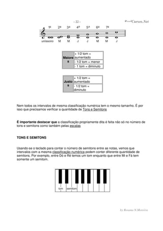 - 22 - RealCursos.Net
by Rosana N.Moreira
+ 1/2 tom =
aumentado
- 1/2 tom = menor
Maiore
s
- 1 tom = diminuto
+ 1/2 tom =
aumentadoJusto
s - 1/2 tom =
diminuto
Nem todos os intervalos de mesma classificação numérica tem o mesmo tamanho. É por
isso que precisamos verificar a quantidade de Tons e Semitons
É importante destacar que a classificação propriamente dita é feita não só no número de
tons e semitons como também pelas escalas
TONS E SEMITONS
Usando-se o teclado para contar o número de semitons entre as notas, vemos que
intervalos com a mesma classificação numérica podem conter diferente quantidade de
semitons. Por exemplo, entre Dó e Ré temos um tom enquanto que entre Mi e Fá tem
somente um semitom.
 
