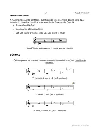 - 30 - RealCursos.Net
by Rosana N.Moreira
Identificando Sextas
A maneira mais fácil de identificar a quantidade de tons e semitons de uma sexta é por
inversão do intervalo e classificar a terça resultante. Por exemplo, Dó#-Lá#
• A inversão é Lá#-Dó#
• Identificamos a terça resultante
• Lá#-Dó# é uma 3ª menor, então Dó#-Lá# é uma 6ª Maior
Uma 6ª Maior se torna uma 3ª menor quando invertida
SÉTIMAS
Sétimas podem ser maiores, menores, aumentadas ou diminutas (veja classificação
numérica)
7ª diminuta, 4 tons e 1/2 (ou 9 semitons)
7ª menor, 5 tons (ou 10 semitons)
7ª Maior, 5 tons e 1/2 (ou 11 semitons)
 
